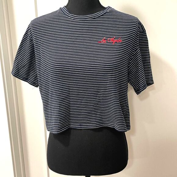 Dirtee Laundry crop tee LARGE blue and white stripes S/L Los Angeles embroider - Picture 1 of 11